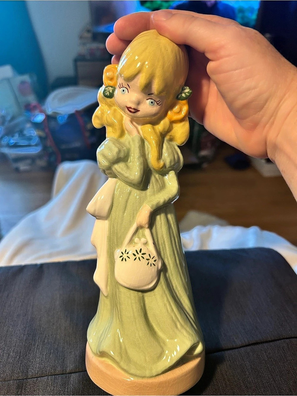 Girl Figurine Ceramic Decor in Green & Yellow